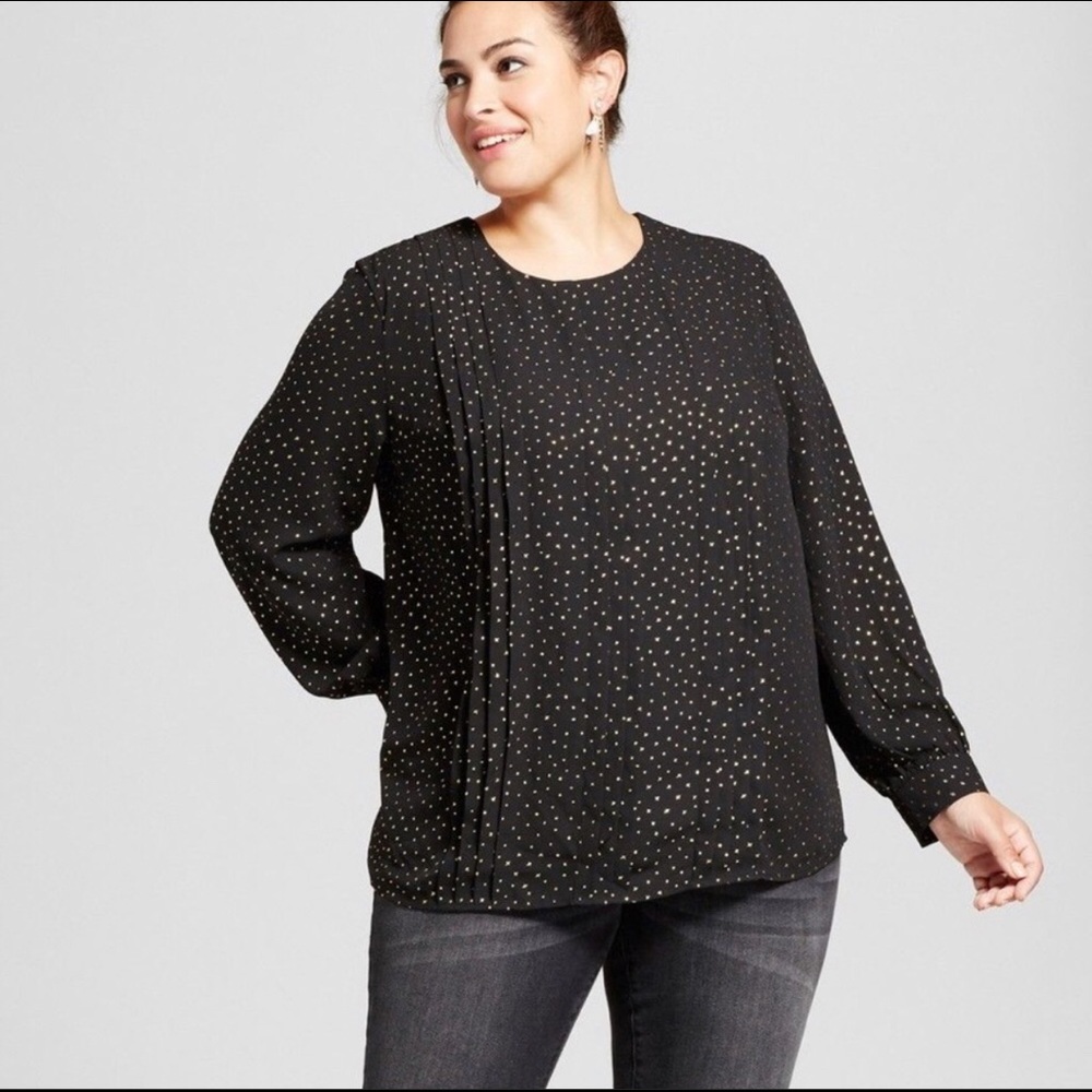 Ava & Viv Black and Gold Pleated Pintuck Foil Star Blouse - 1x